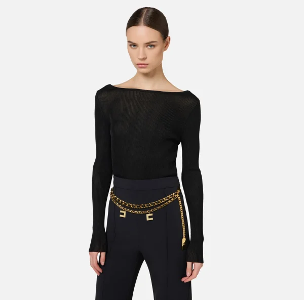 Elisabetta Franchi Maglieria E Felpe^Maglia in viscosa a costina plissé Nero