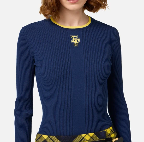 Elisabetta Franchi Maglieria E Felpe^Maglia in viscosa con logo college Navy/Mimosa