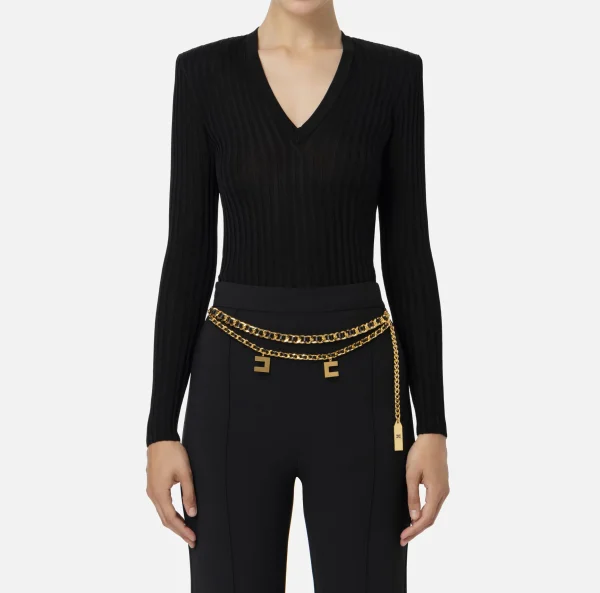 Elisabetta Franchi Maglieria E Felpe^Maglia in viscosa lucida a costine Nero