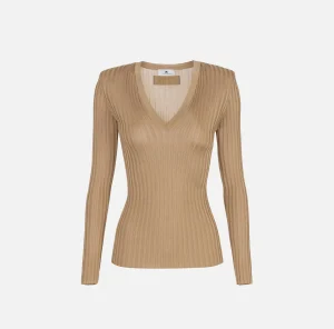 Elisabetta Franchi Maglieria E Felpe^Maglia in viscosa lucida a costine Camel