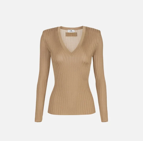 Elisabetta Franchi Maglieria E Felpe^Maglia in viscosa lucida a costine Camel