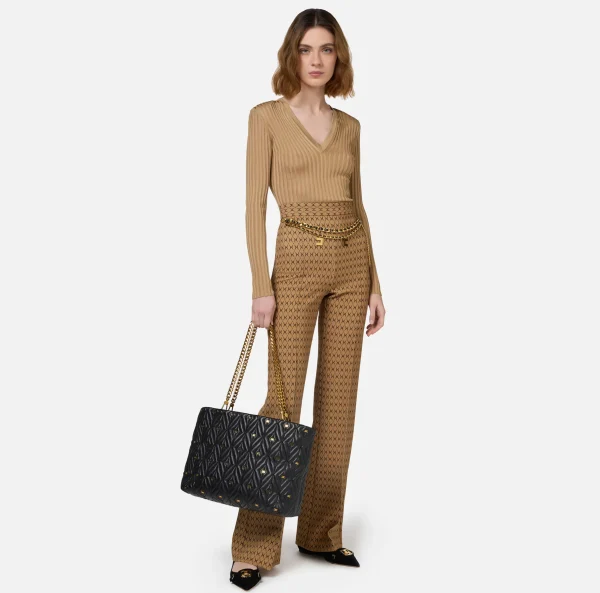 Elisabetta Franchi Maglieria E Felpe^Maglia in viscosa lucida a costine Camel