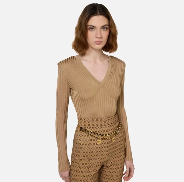 Elisabetta Franchi Maglieria E Felpe^Maglia in viscosa lucida a costine Camel