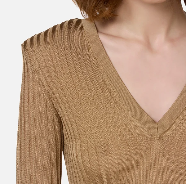 Elisabetta Franchi Maglieria E Felpe^Maglia in viscosa lucida a costine Camel