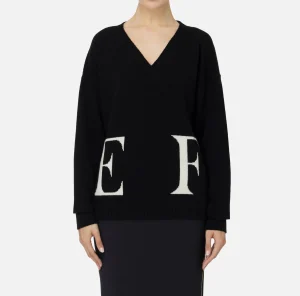 Elisabetta Franchi Maglieria E Felpe^Maglia incrociata in lana con logo Nero/Burro