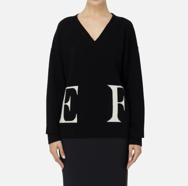 Elisabetta Franchi Maglieria E Felpe^Maglia incrociata in lana con logo Nero/Burro