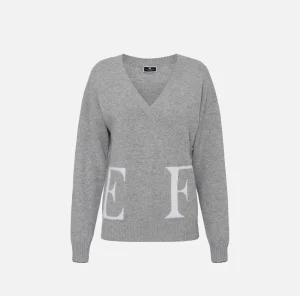 Elisabetta Franchi Maglieria E Felpe^Maglia incrociata in lana con logo GrigioMelange/Avorio