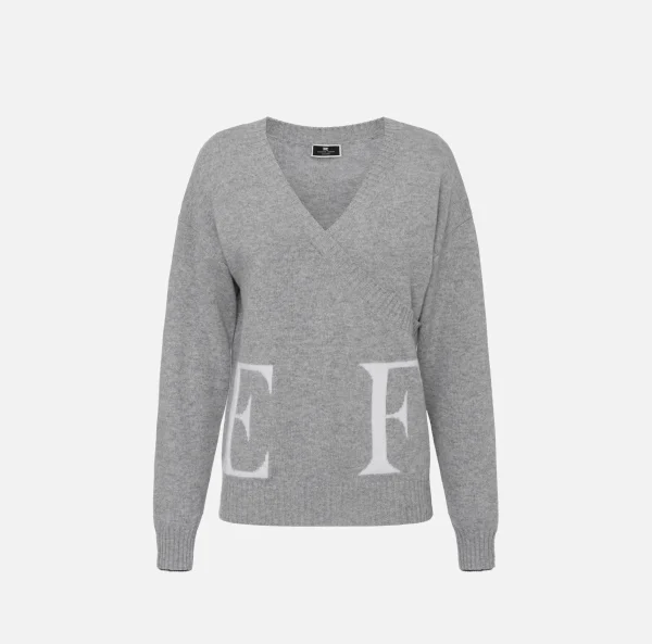 Elisabetta Franchi Maglieria E Felpe^Maglia incrociata in lana con logo GrigioMelange/Avorio