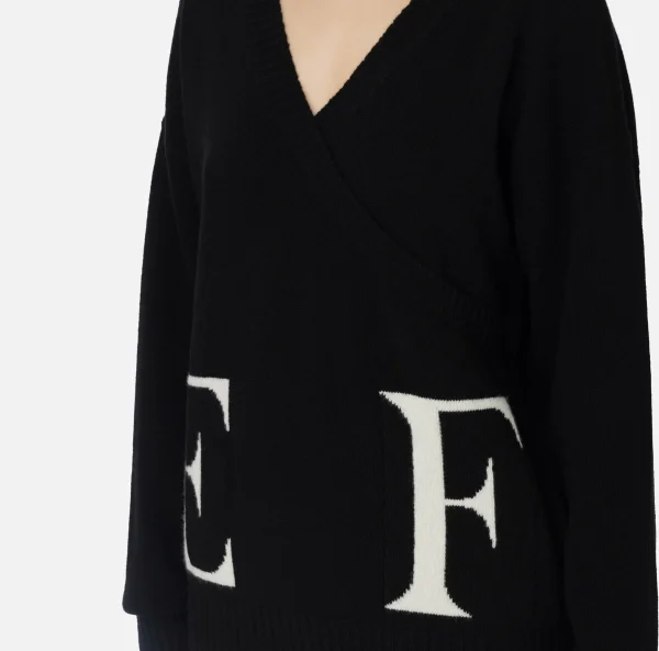 Elisabetta Franchi Maglieria E Felpe^Maglia incrociata in lana con logo Nero/Burro