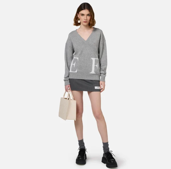 Elisabetta Franchi Maglieria E Felpe^Maglia incrociata in lana con logo GrigioMelange/Avorio