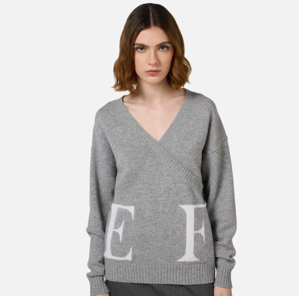Elisabetta Franchi Maglieria E Felpe^Maglia incrociata in lana con logo GrigioMelange/Avorio