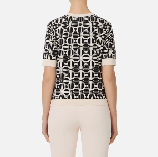 Elisabetta Franchi Maglieria E Felpe^Maglia logo in viscosa jacquard Nero/Burro