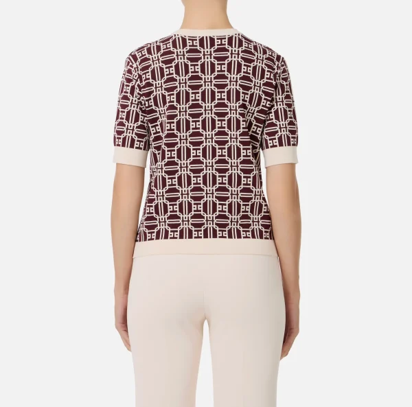 Elisabetta Franchi Maglieria E Felpe^Maglia logo in viscosa jacquard RougeNoir/Burro