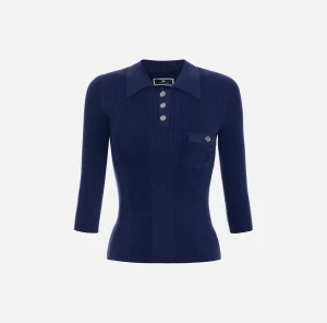 Elisabetta Franchi Maglieria E Felpe^Maglia polo in lyocell e seta a costine con ricamo logo Navy
