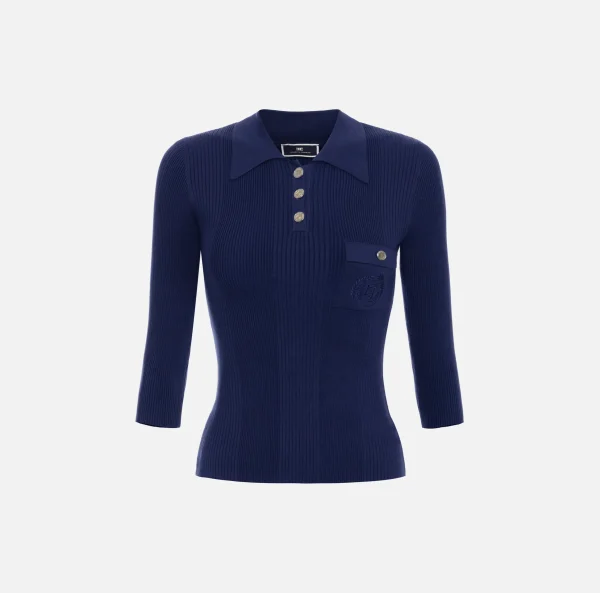 Elisabetta Franchi Maglieria E Felpe^Maglia polo in lyocell e seta a costine con ricamo logo Navy