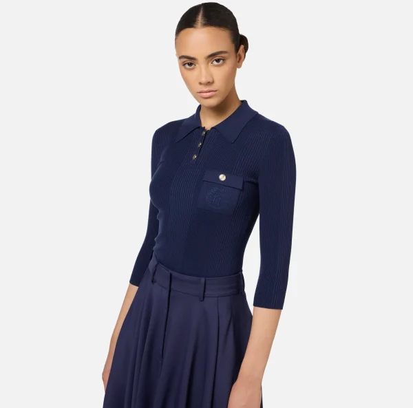 Elisabetta Franchi Maglieria E Felpe^Maglia polo in lyocell e seta a costine con ricamo logo Navy