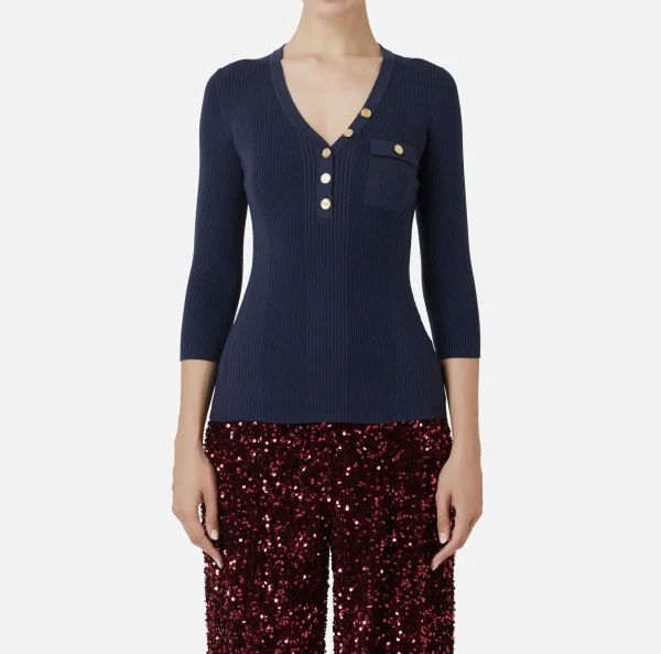 Elisabetta Franchi Maglieria E Felpe^Maglia scollo a V in lyocell e seta a costine con ricamo logo Navy