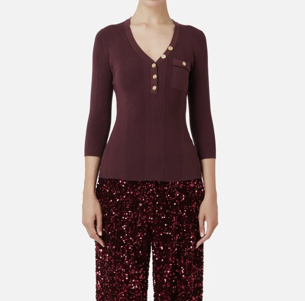 Elisabetta Franchi Maglieria E Felpe^Maglia scollo a V in lyocell e seta a costine con ricamo logo RougeNoir
