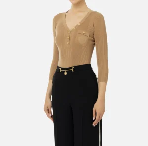 Elisabetta Franchi Maglieria E Felpe^Maglia scollo a V in lyocell e seta a costine con ricamo logo Camel