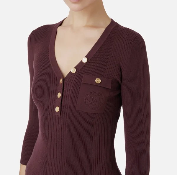 Elisabetta Franchi Maglieria E Felpe^Maglia scollo a V in lyocell e seta a costine con ricamo logo RougeNoir