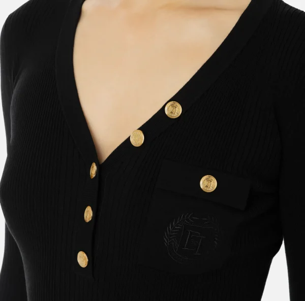 Elisabetta Franchi Maglieria E Felpe^Maglia scollo a V in lyocell e seta a costine con ricamo logo Nero