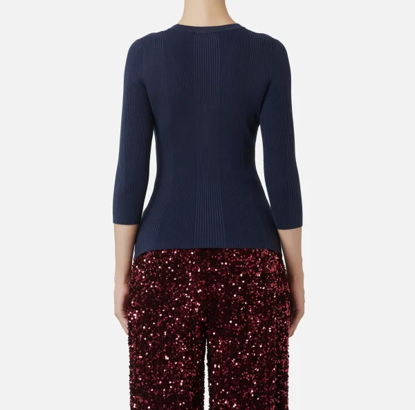 Elisabetta Franchi Maglieria E Felpe^Maglia scollo a V in lyocell e seta a costine con ricamo logo Navy