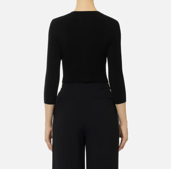Elisabetta Franchi Maglieria E Felpe^Maglia scollo a V in lyocell e seta a costine con ricamo logo Nero