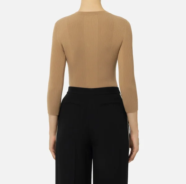 Elisabetta Franchi Maglieria E Felpe^Maglia scollo a V in lyocell e seta a costine con ricamo logo Camel
