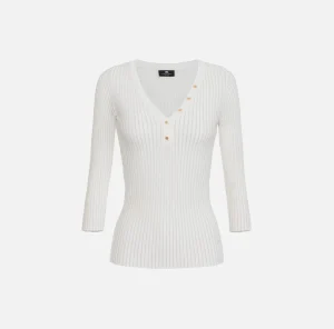 Elisabetta Franchi Maglieria E Felpe^Maglia scollo a V in viscosa e lurex a costine Avorio