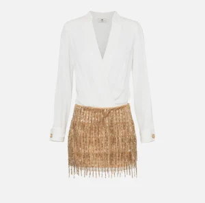 Elisabetta Franchi Abiti Red Carpet | Mini Abiti^Miniabito a camicia con gonna ricamata in paillettes Avorio/Gold