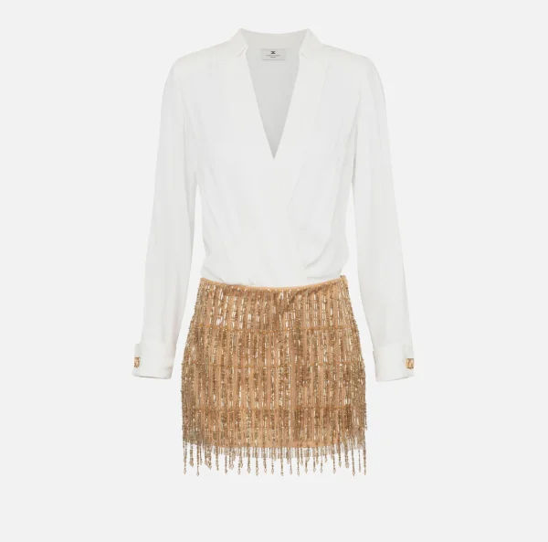 Elisabetta Franchi Abiti Red Carpet | Mini Abiti^Miniabito a camicia con gonna ricamata in paillettes Avorio/Gold