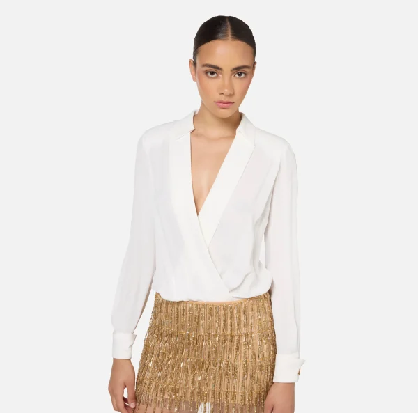 Elisabetta Franchi Abiti Red Carpet | Mini Abiti^Miniabito a camicia con gonna ricamata in paillettes Avorio/Gold