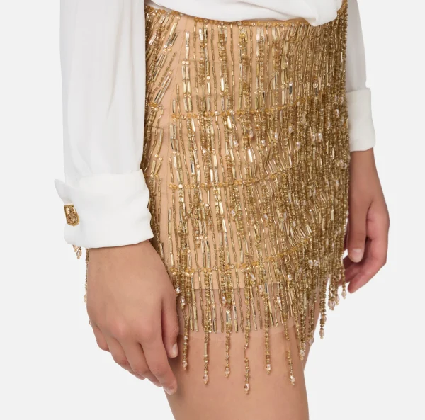 Elisabetta Franchi Abiti Red Carpet | Mini Abiti^Miniabito a camicia con gonna ricamata in paillettes Avorio/Gold