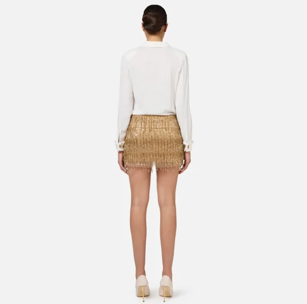 Elisabetta Franchi Abiti Red Carpet | Mini Abiti^Miniabito a camicia con gonna ricamata in paillettes Avorio/Gold
