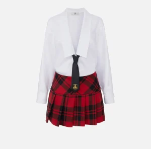 Elisabetta Franchi Mini Abiti | Abiti^Miniabito a camicia in popeline e gonna in tartan Bianco/RedPassion-Nero
