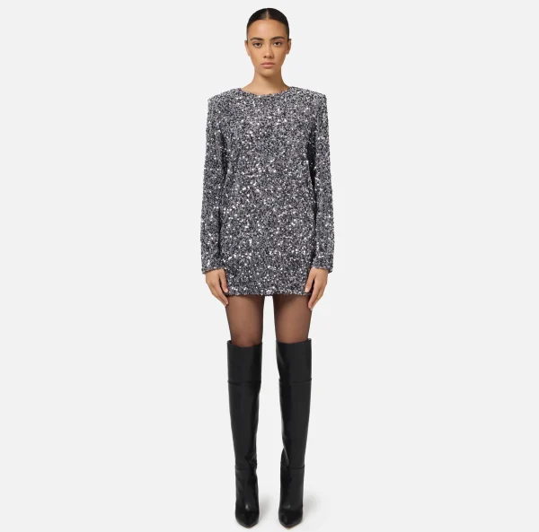 Elisabetta Franchi Red Carpet | Abiti Red Carpet^Miniabito boxy in ciniglia ricamata con pailettes Steel