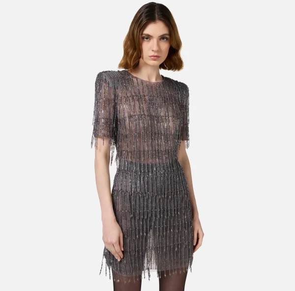 Elisabetta Franchi Abiti | Abiti Red Carpet^Miniabito boxy in tulle ricamato con paillettes Steel