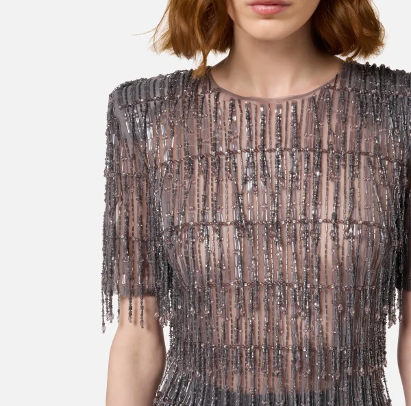 Elisabetta Franchi Abiti | Abiti Red Carpet^Miniabito boxy in tulle ricamato con paillettes Steel