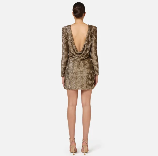 Elisabetta Franchi Abiti Red Carpet | Mini Abiti^Miniabito boxy in tulle ricamato con paillettes Camel