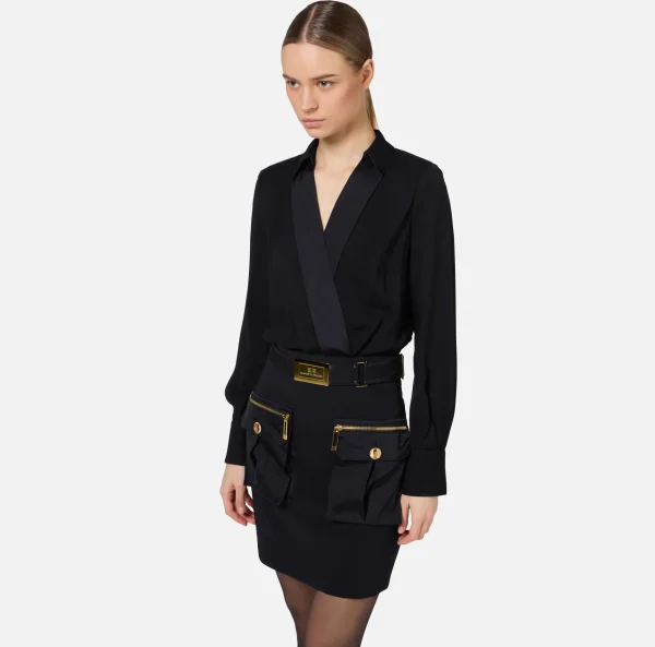 Elisabetta Franchi Mini Abiti | Abiti^Miniabito con camicia incrociata e gonna con tasche Nero