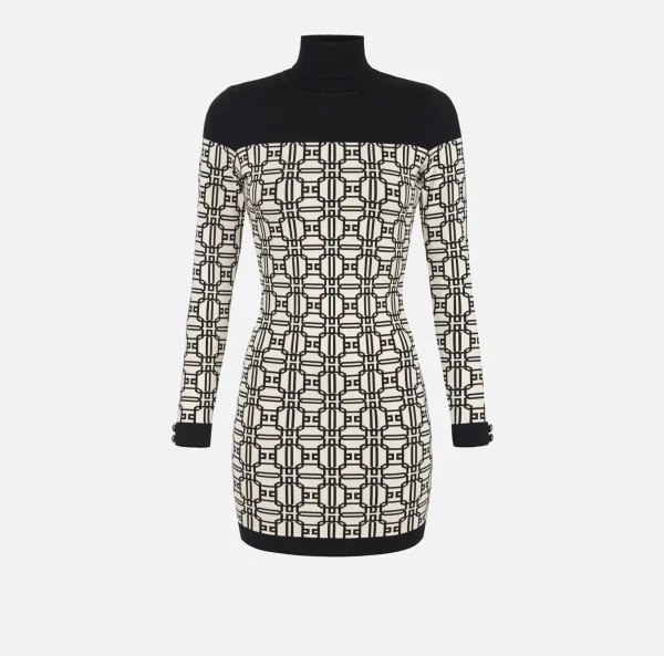 Elisabetta Franchi Mini Abiti | Abiti In Maglia^Miniabito dolcevita logo jacquard Burro/Nero
