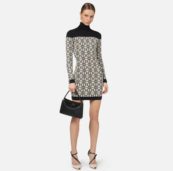 Elisabetta Franchi Mini Abiti | Abiti In Maglia^Miniabito dolcevita logo jacquard Burro/Nero