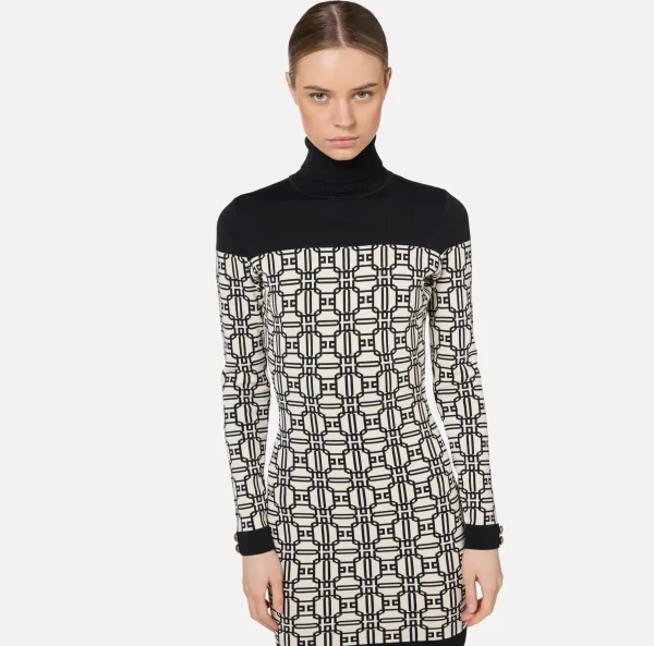 Elisabetta Franchi Mini Abiti | Abiti In Maglia^Miniabito dolcevita logo jacquard Burro/Nero