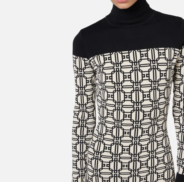 Elisabetta Franchi Mini Abiti | Abiti In Maglia^Miniabito dolcevita logo jacquard Burro/Nero