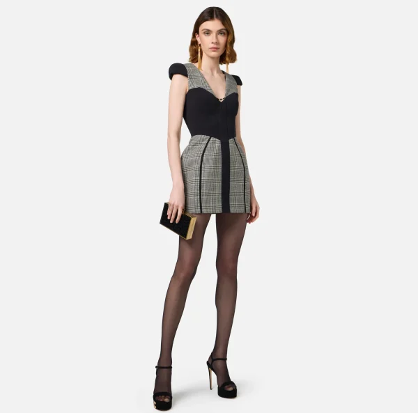 Elisabetta Franchi Mini Abiti | Abiti^Miniabito doll in fresco lana principe di Galles Nero/Galles