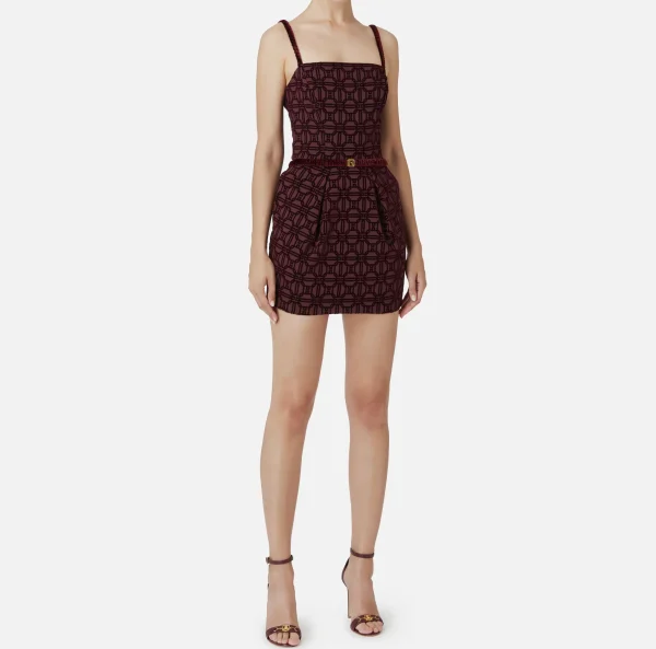 Elisabetta Franchi Mini Abiti | Abiti^Miniabito in crêpe flock con cintura RougeNoir