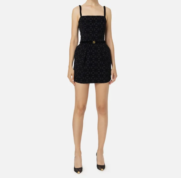 Elisabetta Franchi Mini Abiti | Abiti^Miniabito in crêpe flock con cintura Nero