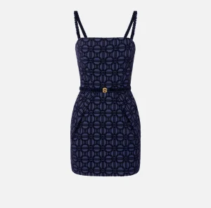 Elisabetta Franchi Mini Abiti | Abiti^Miniabito in crêpe flock con cintura Navy