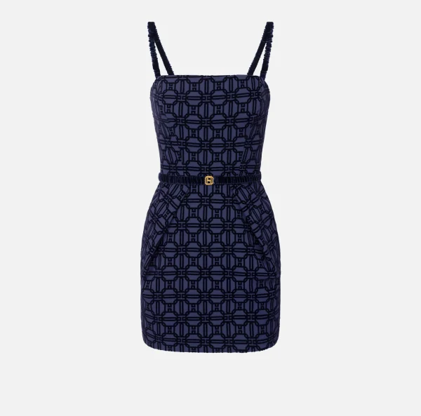 Elisabetta Franchi Mini Abiti | Abiti^Miniabito in crêpe flock con cintura Navy