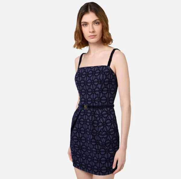Elisabetta Franchi Mini Abiti | Abiti^Miniabito in crêpe flock con cintura Navy
